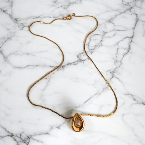 Napier Jewelry - Napier Stamped Gold Necklace with Teardrop Pearl Pendant